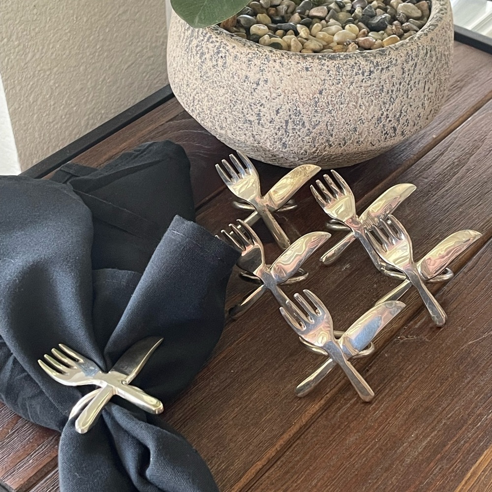 Vintage Silver Plated Fork and Knife Napkin Rings, Set of 6